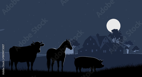 Illustration of animal silhouettes in a quiet rural night scene.