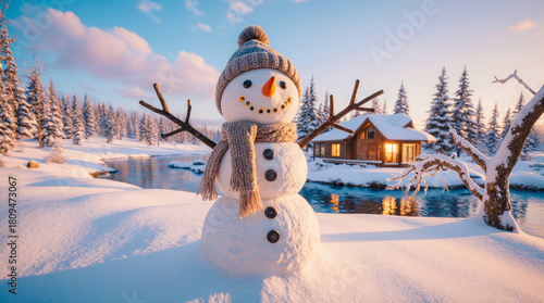 Happy snowman in snowy winter landscape with cozy cabin and river