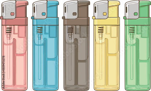 いろんな色の電子式ライターのイラスト