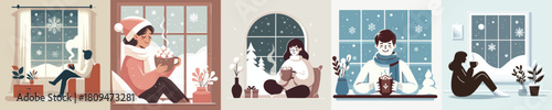 a person sitting near a window holding a cup of hot chocolate in a Christmas atmosphere. Vektor, design, minimalist, illustrations, set icon