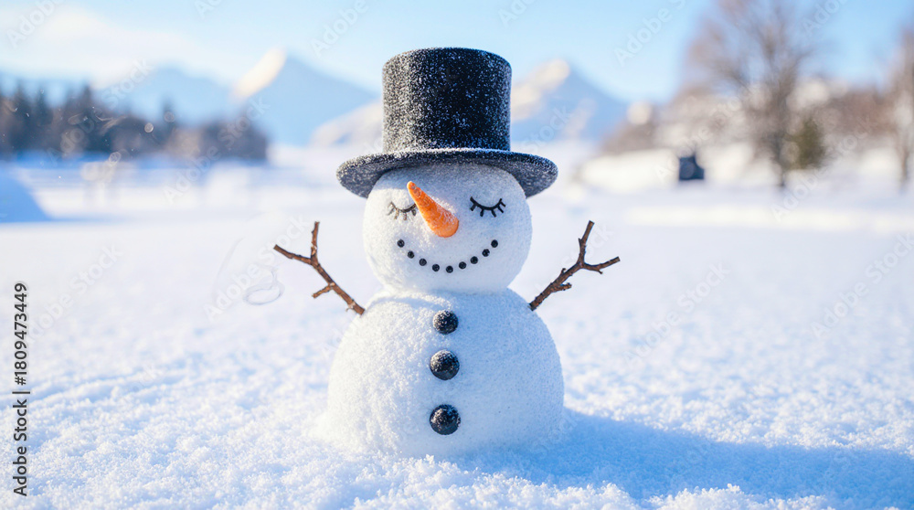 Obraz premium Cute snowman with top hat in snowy landscape on a sunny day