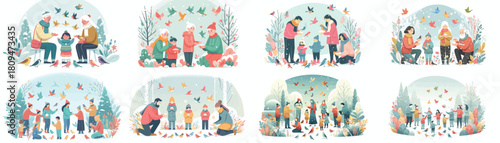 people feeding small birds in a snowy park. Vektor, design, minimalist, illustrations, set icon