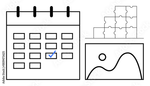 Calendar concept. Calendar s structure and planning with puzzle pieces signifying solution-building and a graph for data visualization. For scheduling, project management, teamwork, productivity
