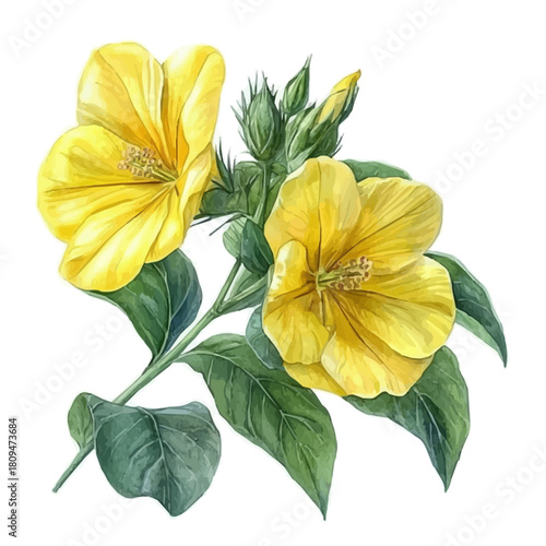 Foto Evening Primrose Flower, watercolor drawing vector, isolated on a white background
