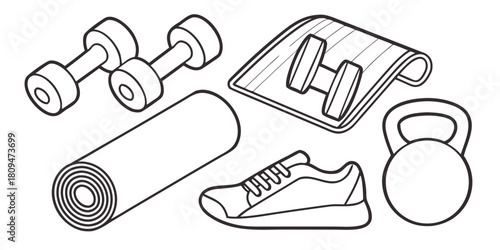 A collection of fitness equipment including dumbbells, a yoga mat, a kettlebell, and a shoe.