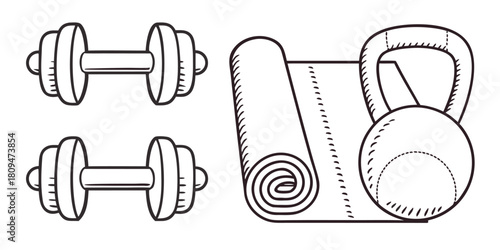 Two dumbbells, a rolled-up yoga mat, and a kettlebell are arranged for a workout.