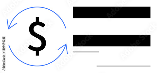 Dollar sign inside circular arrows pointing in continuous flow, signifying money cycle and transactions. Black lines suggest financial recordkeeping. Ideal for banking, payments, transactions