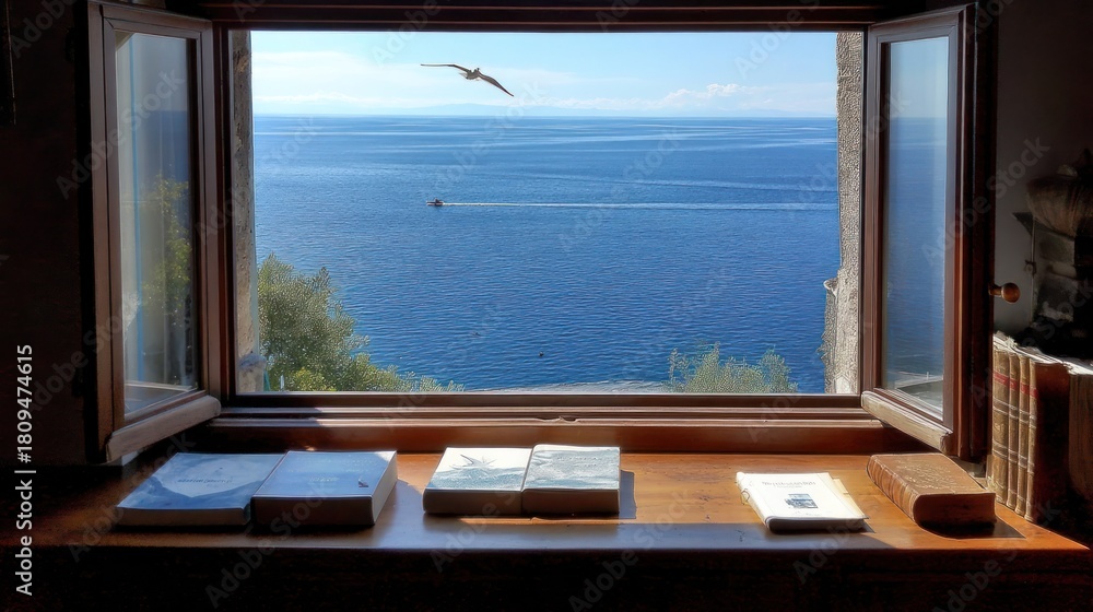 Fototapeta premium Open window overlooking vast ocean with seagull in flight and boat at sea