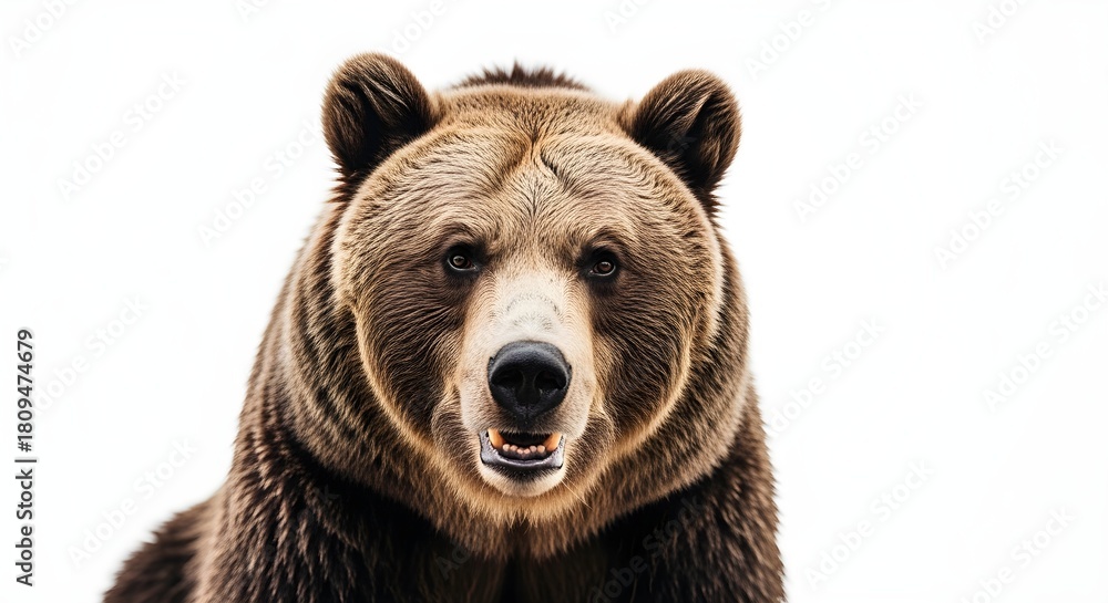 Fototapeta premium Close-up of a Grizzly Bear's Face with an Intense Stare on a White Background
