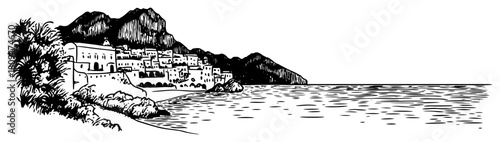 Panoramic Ink Sketch of Mediterranean Coastal Town with Sea View and Mountains