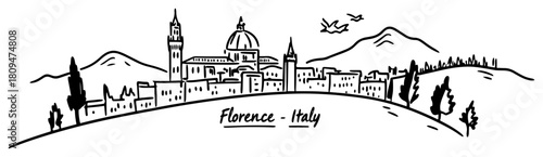 Hand Drawn Panoramic Vector Sketch of Florence Italy Skyline with Duomo Cathedral and Cypress Trees in Tuscany