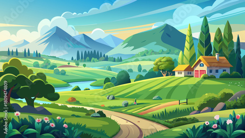 Very beautiful illustration of a lush green countryside landscape featuring soft rolling meadows, fresh spring greenery, gentle rural terrain, and a calm outdoor atmosphere with natural light and clea