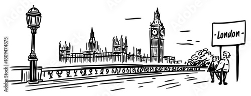 Panoramic Hand Drawn Vector Sketch of London Cityscape featuring Big Ben and Westminster Bridge
