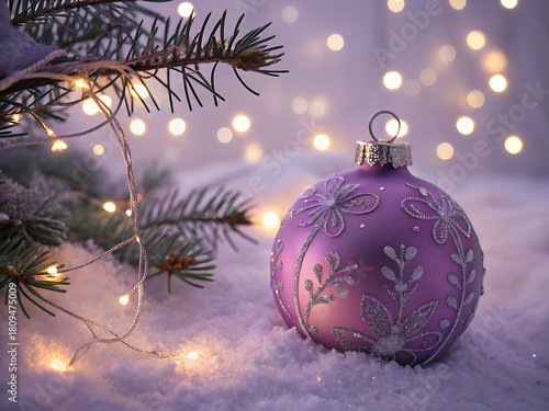 Photorealistic Christmas ornament in snow with frosted evergreen, warm bokeh lights, soft glow, and festive winter holiday scene with purple color.