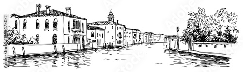 Panoramic Ink Sketch of Venice Canal with Historic Buildings and Calm Water Reflection