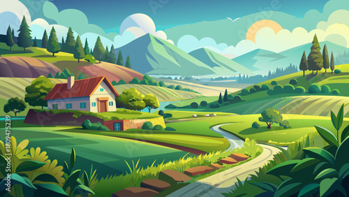 Very beautiful illustration of a lush green countryside landscape featuring soft rolling meadows, fresh spring greenery, gentle rural terrain, and a calm outdoor atmosphere with natural light and clea