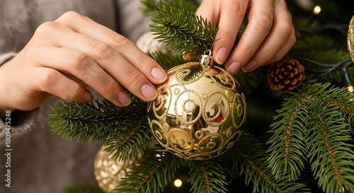 Woman's hands gently place a gold decorative bauble on a green Christmas tree.