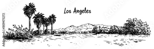 Panoramic Ink Drawing of Los Angeles Landscape with Palm Trees and Distant Mountains