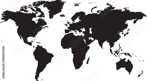 Black silhouette world map on white background global geography