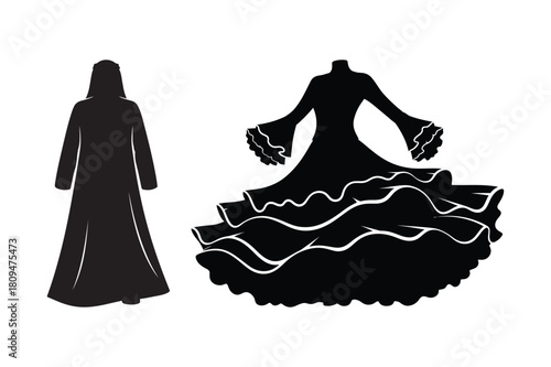 Two silhouettes of elegant dresses one long and flowing the other flamenco style