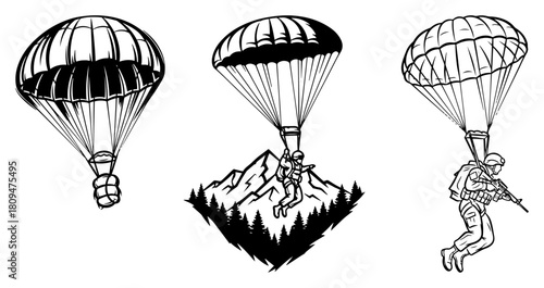 Collection of Hand Drawn Vector Parachutes featuring Military Paratrooper and Skydiving Over Mountains