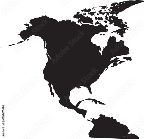 Silhouette map of North America continent in black on white background geography