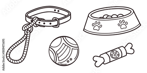 A dog collar, leash, food bowl, toy ball, and a bone-shaped treat are depicted in this illustration.
