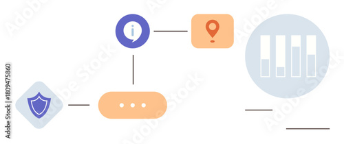 Abstract flowchart linking shield, information icon, location marker, and bar chart. Ideal for security, analytics, navigation, information sharing innovation process management data flow. Simple