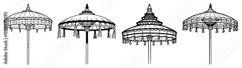 Set of Hand Drawn Vector Balinese Ceremonial Umbrellas with Tassels in Vintage Sketch Style
