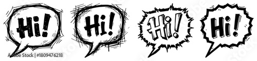 Set of Hand Drawn Comic Speech Bubbles with Hi Text Greeting