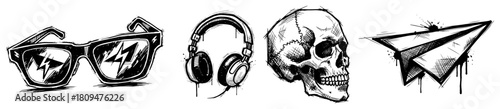 Hand Drawn Grunge Set of Skull Sunglasses Headphones and Paper Plane