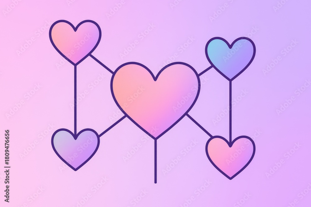 Naklejka premium Abstract illustration of interconnected pastel hearts symbolizing modern love language and human connections evoking emotions of affection and empathy