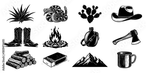 Vintage Hand Drawn Vector Wild West and Camping Symbols Collection with Cowboy Gear