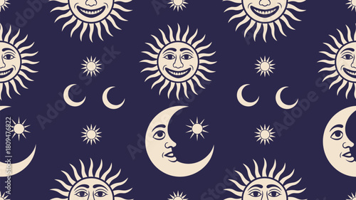 Dreamy celestial pattern featuring sun, moon, and stars, perfect for bohemian designs, astrology themes, and magical projects that need a touch of whimsy