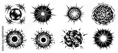 Set of Hand Drawn Vector Abstract Energy Bursts and Comic Book Style Explosion Effects