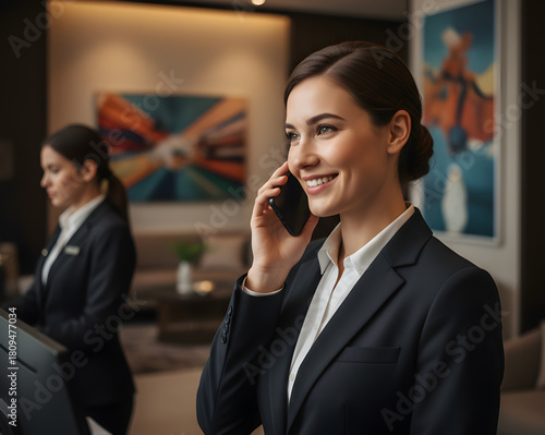 Female receptionist works focused, answering calls at the hotel front desk.