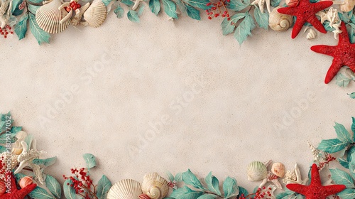 Christmas background coastal theme with shells, starfish, holly leaves and berries around sandy frame