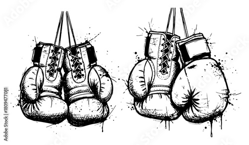Pair of Hanging Boxing Gloves in Grunge Ink Sketch Style with Splatter Effects