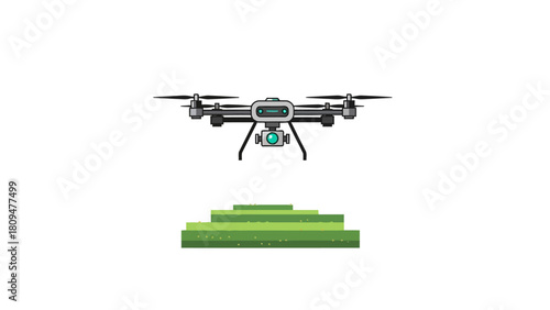A drone flies above a multilayered green landscape