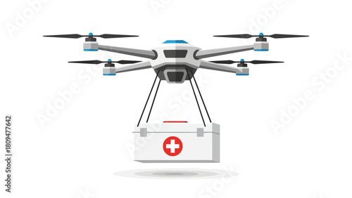 A drone transports a first aid kit with a red cross