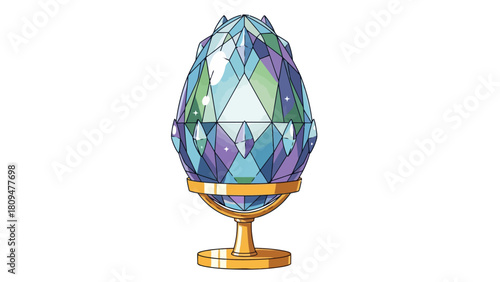 A faceted crystalline egg rests on a golden pedestal