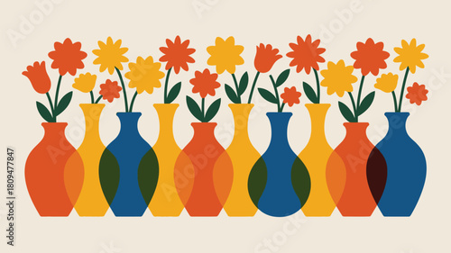 Vibrant floral display in colorful vases, perfect for adding a touch of spring to your designs and bringing a cheerful aesthetic to any project