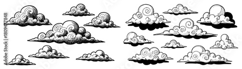 Collection of Vintage Hand Drawn Vector Clouds with Swirls in Engraving Style