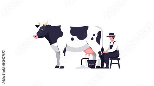 A farmer milks a black and white cow into a bucket