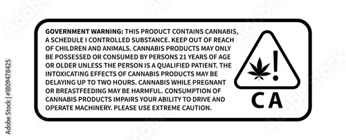 A cannabis warning label with text and a triangle symbol in black and white on a white background