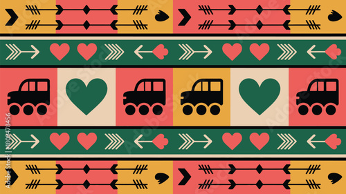 Whimsical camping vibes with retro cars and hearts, a vibrant and fun pattern for textiles or backgrounds with a modern boho aesthetic
