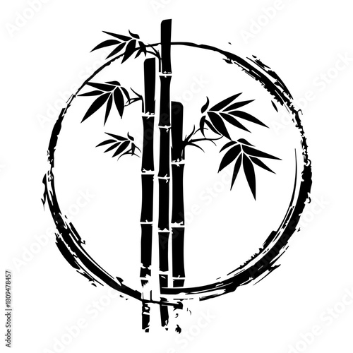 Bamboo Stalks and Leaves in Abstract Zen Brush Circle