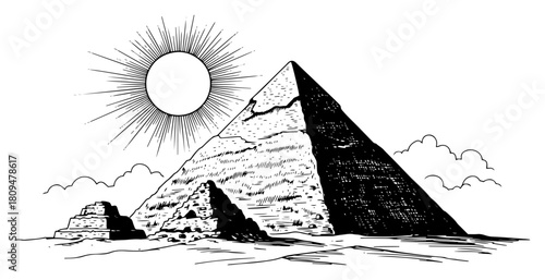 Hand Drawn Vector Sketch of Ancient Egyptian Pyramids in Desert with Sun