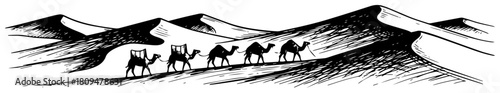 Panoramic Vector Sketch of Camel Caravan Walking Across Desert Sand Dunes