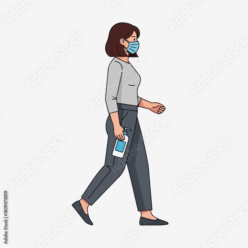 Woman walking wearing face mask and holding sanitizer, preventing spread of germs. A woman walking outdoors in protective gear shows awareness and precaution during a pandemic,